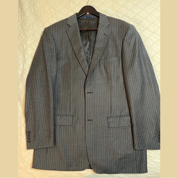 Paul Fredrick Reda Italian Wool Suit Gray w/ Light Blue Pinstripe 43L 37W